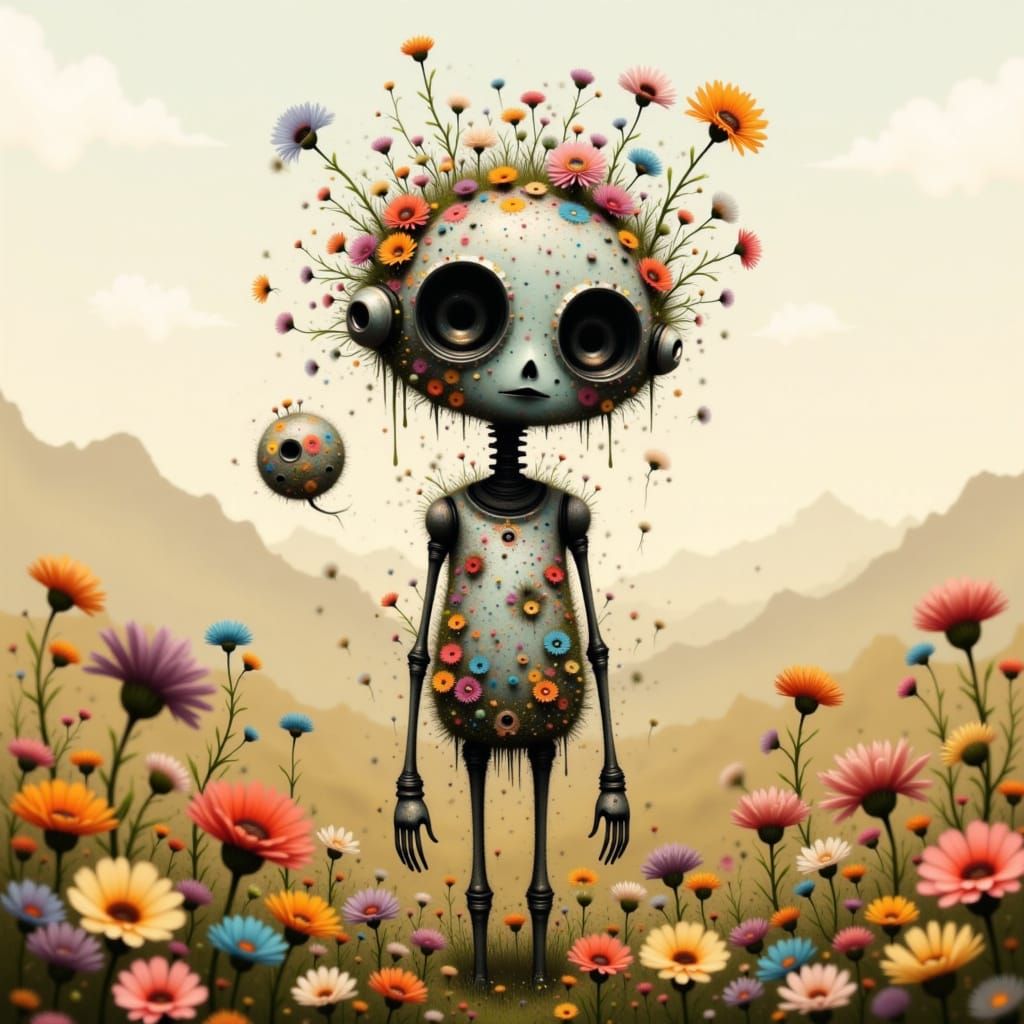 Whimsical Robot in Wildflower Meadow