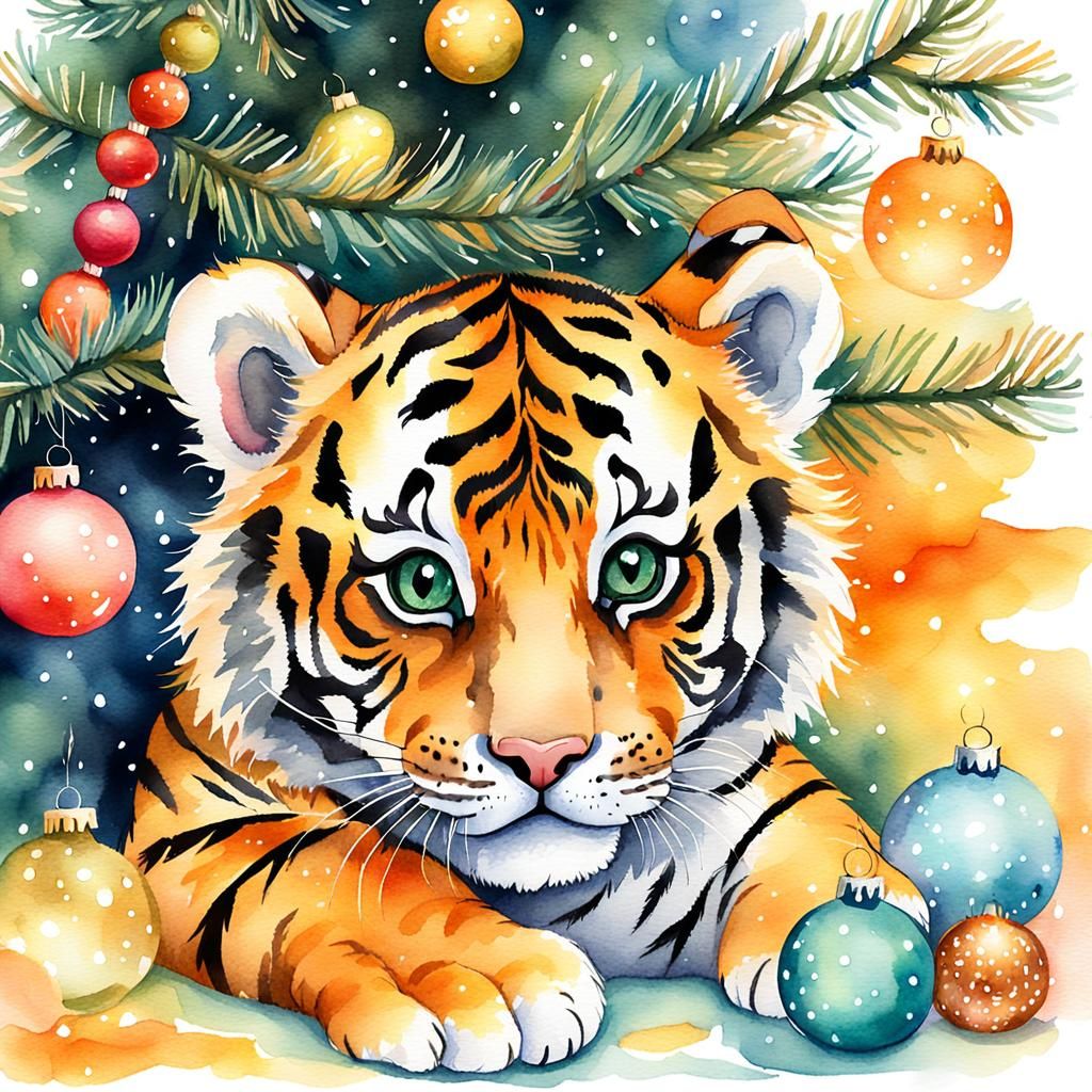 Baby Tiger Christmas Tree Watercolor Dürer Style