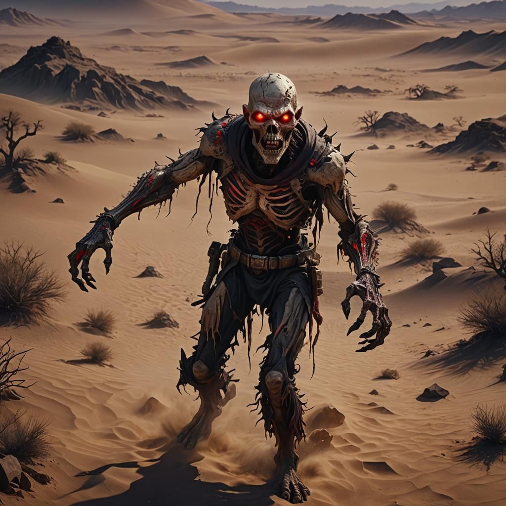 Evil Desert Zombie with Red Eyes at Night