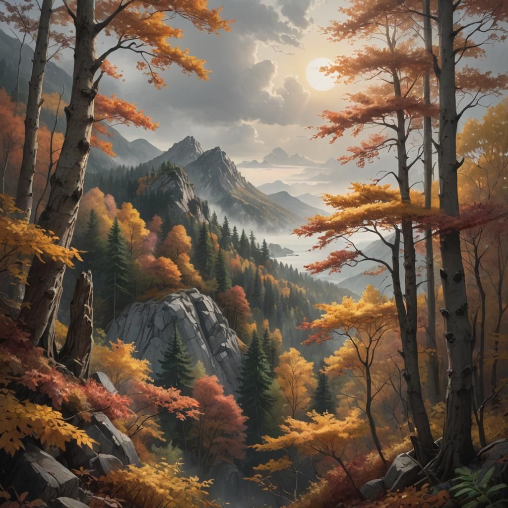Autumn Mountain Above Tranquil Sea in Hyperrealistic Style