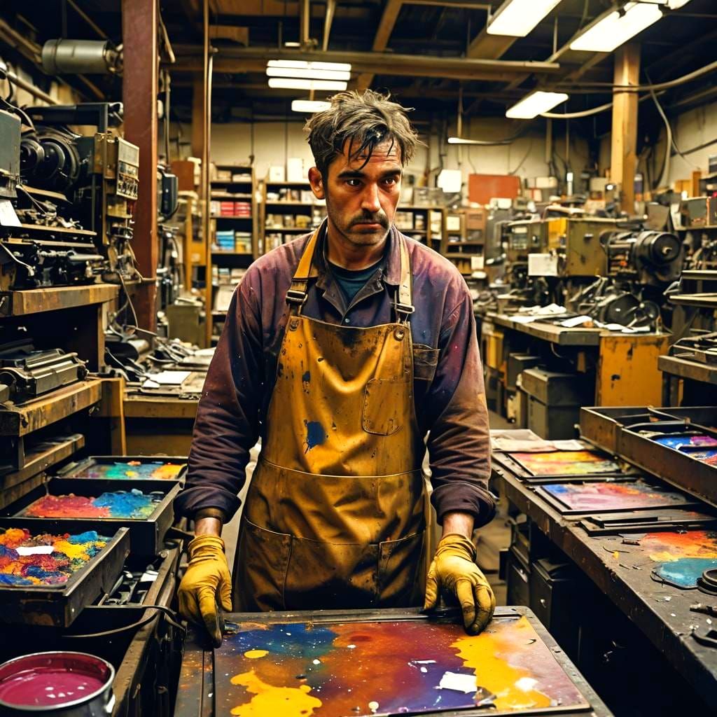 Smeared Ink Covered Pressmen Laboring in the Printing Indust...