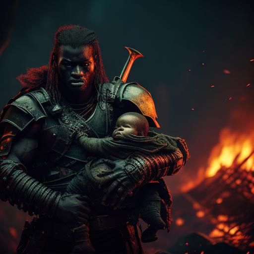 Barbarian Warrior Protects Baby in Dark Fantasy Scene