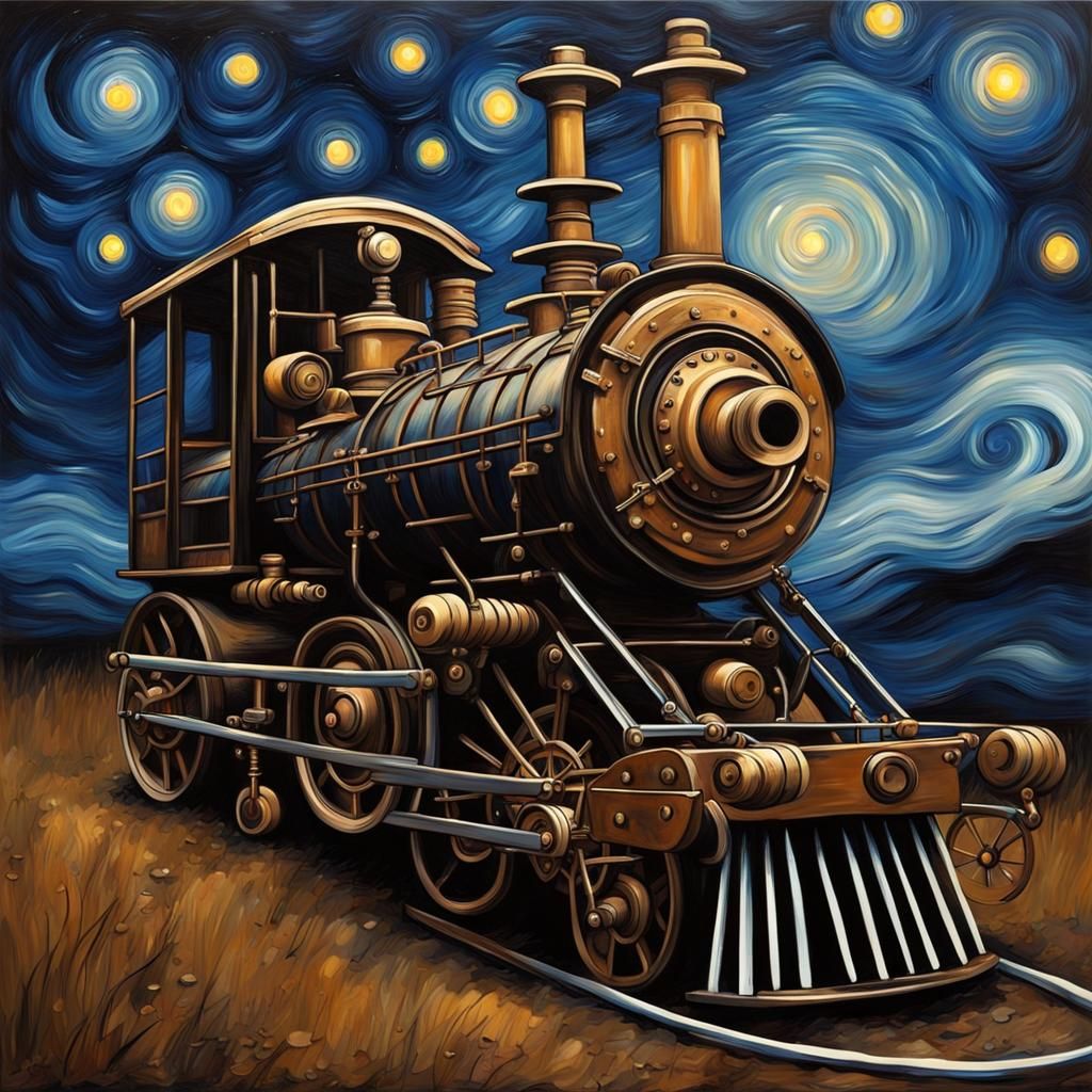 Steampunk Engine Under Starry Night Sky