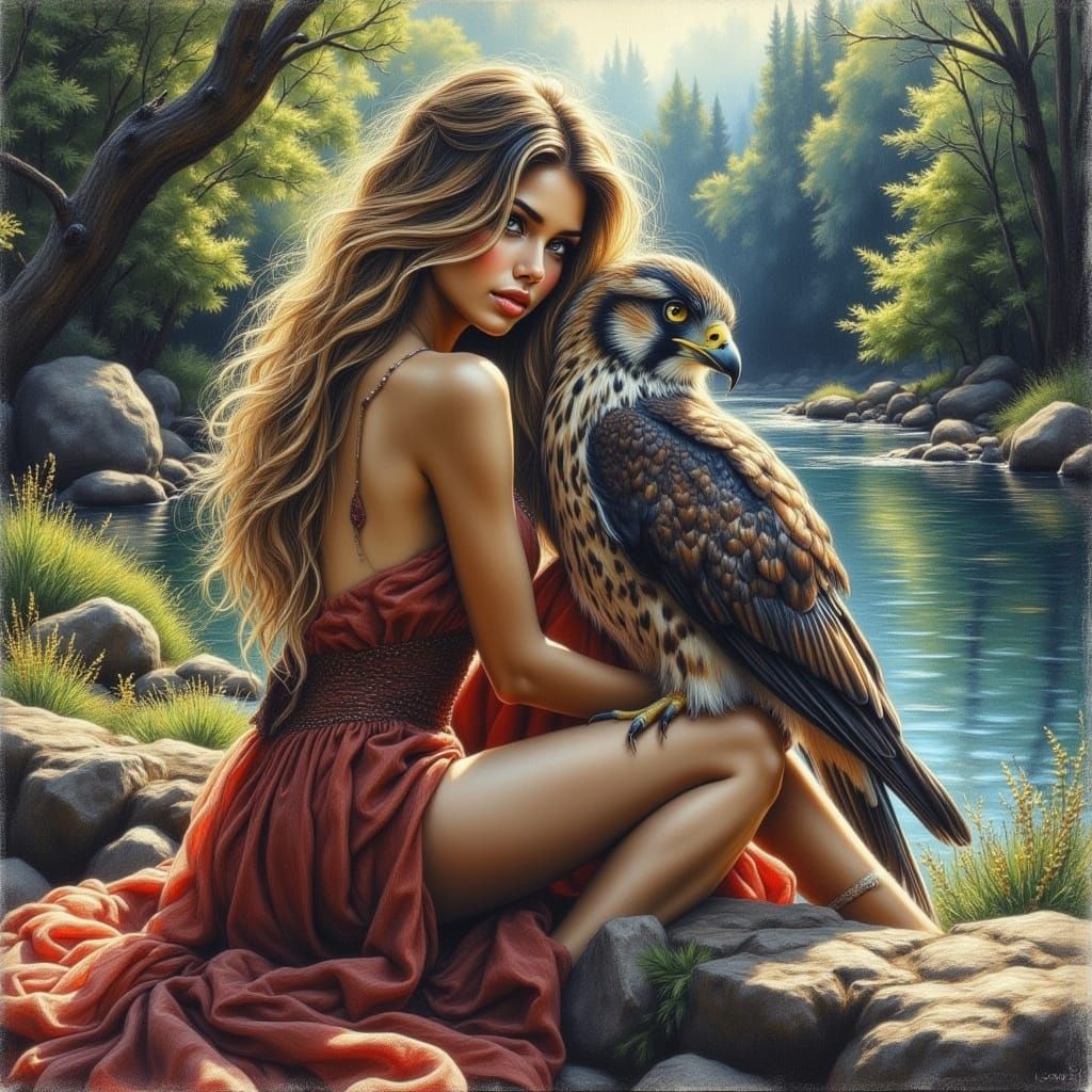 Woman and Falcon by Riverbank in Impasto Oil Style