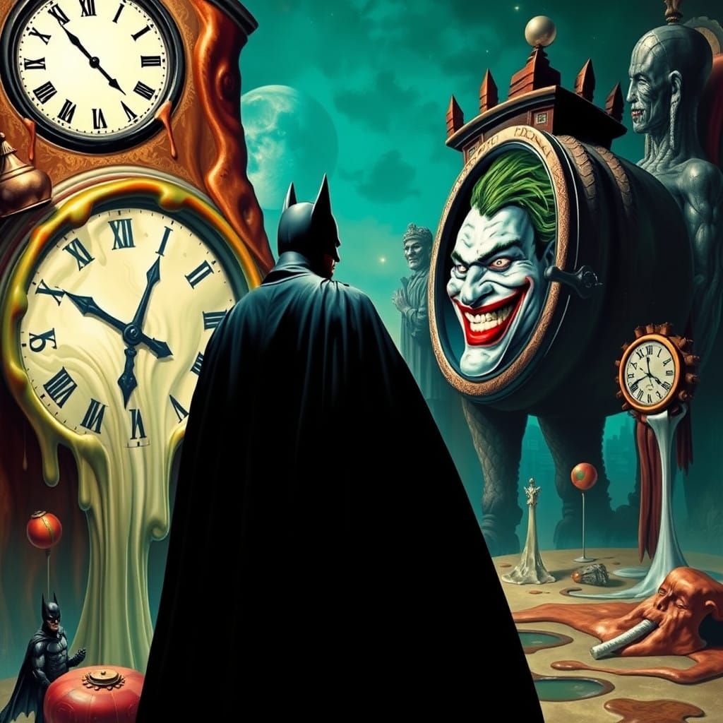 Batman Faces the Joker in a Surreal Dali-Inspired Landscape