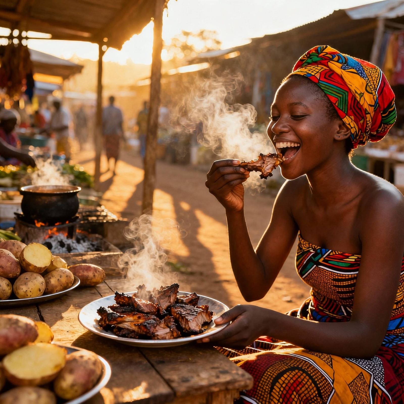 Kenyan Woman Enjoys Yamashoma at Market in Golden Light