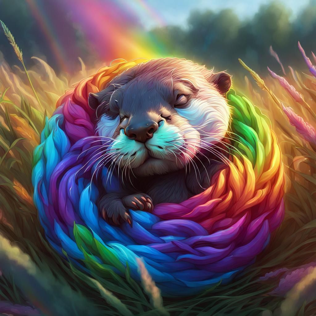 Otter Sleeping in Field with Rainbow Smoke
