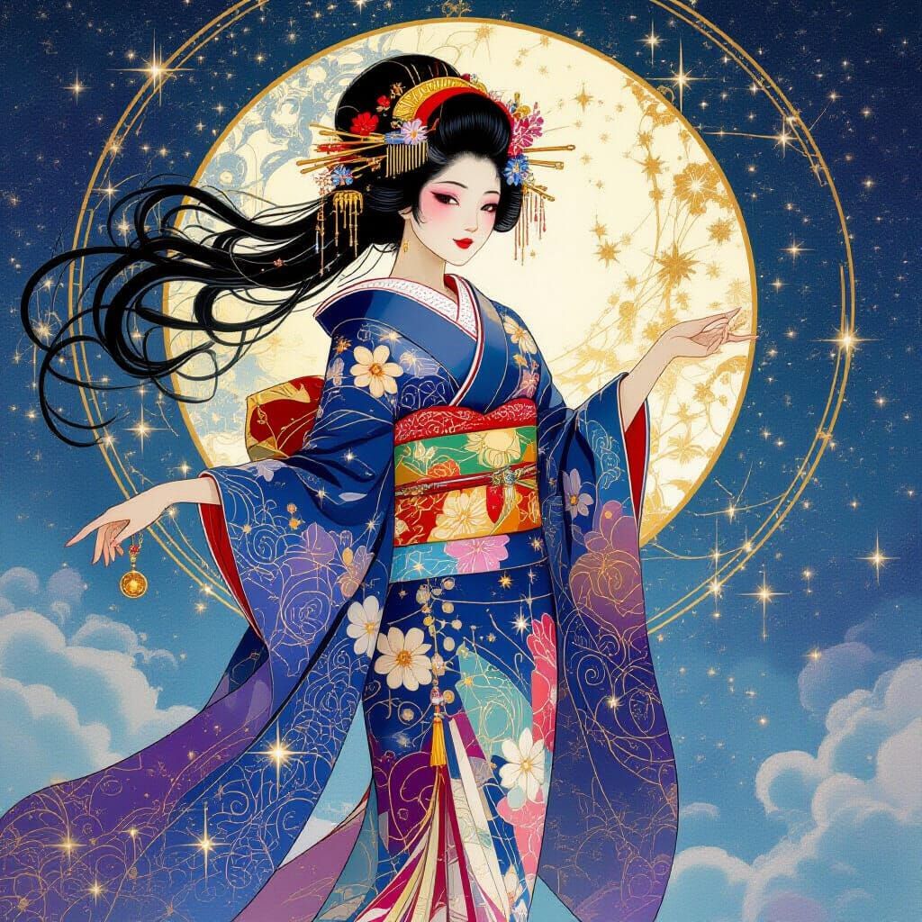 Cosmic Geisha Dancing Among Constellations in Art Nouveau St...
