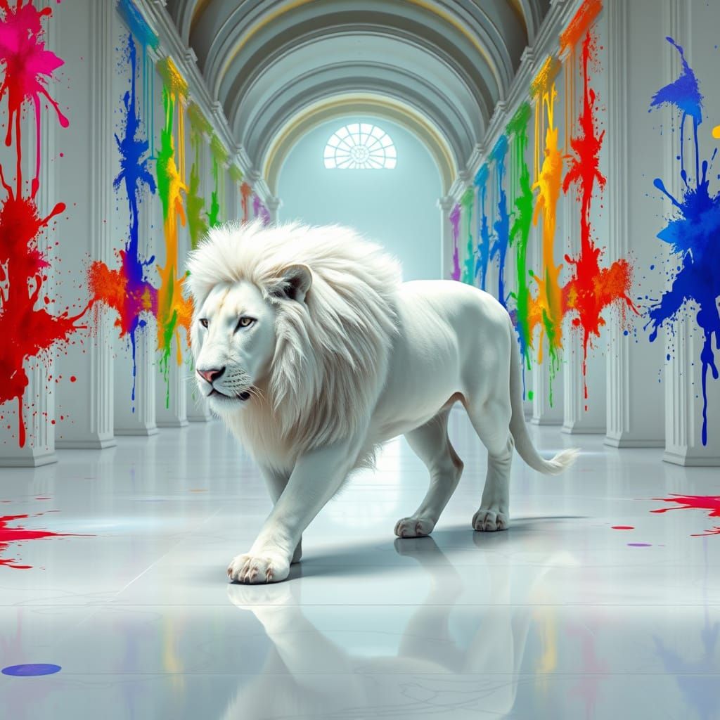 Albino Lion in a Kaleidoscope Cathedral Hall