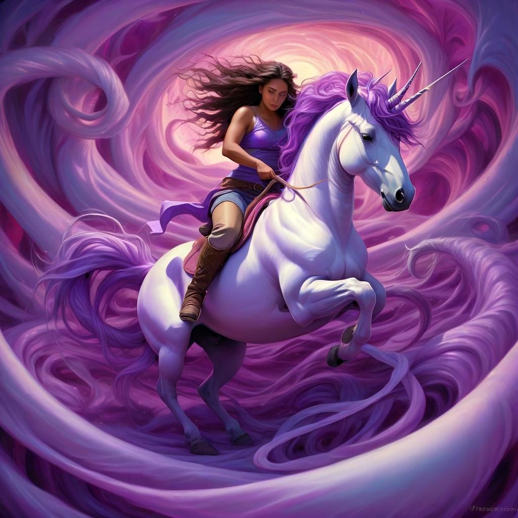 Unicorn Wrangler Battles Vortex in Surreal Fantasy Art