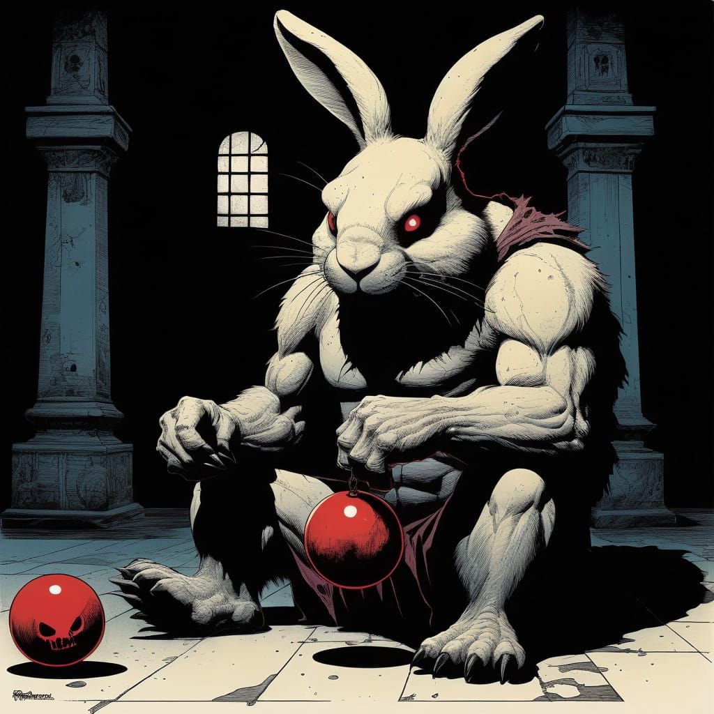 Plushy Rabbit Damsel Terrorized by Vintage-Style Horror Bear