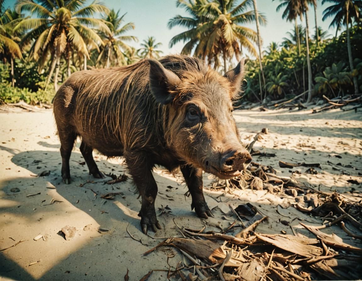 Psychedelic 1960s Polaroid of Boar on Beach