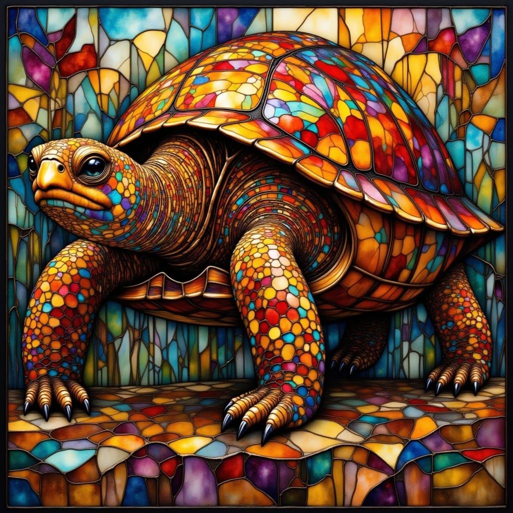 Stained Glass Giant Tortoise with Vibrant Patterns