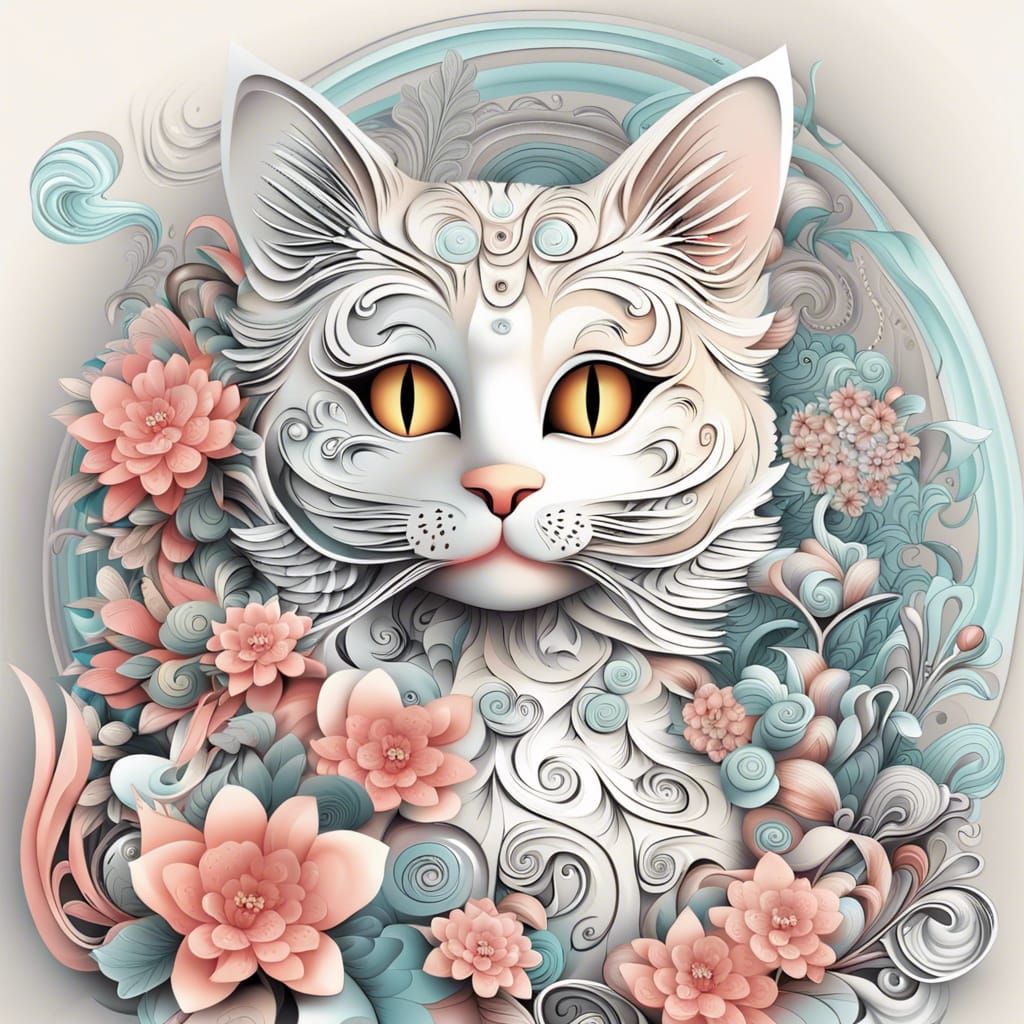 Abstract Cat with Flowers in 3D Shading
