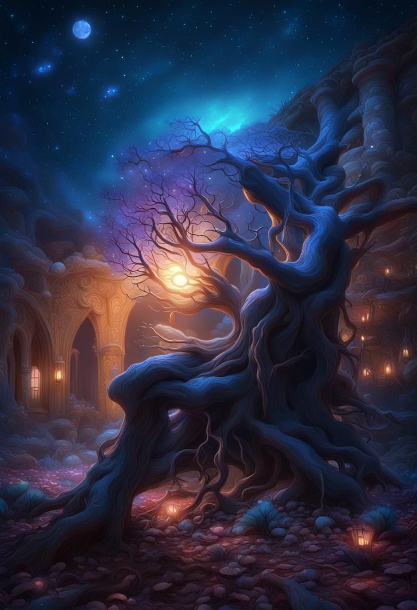 Ethereal Tree Under Starry Sky: Fantasy Concept Art