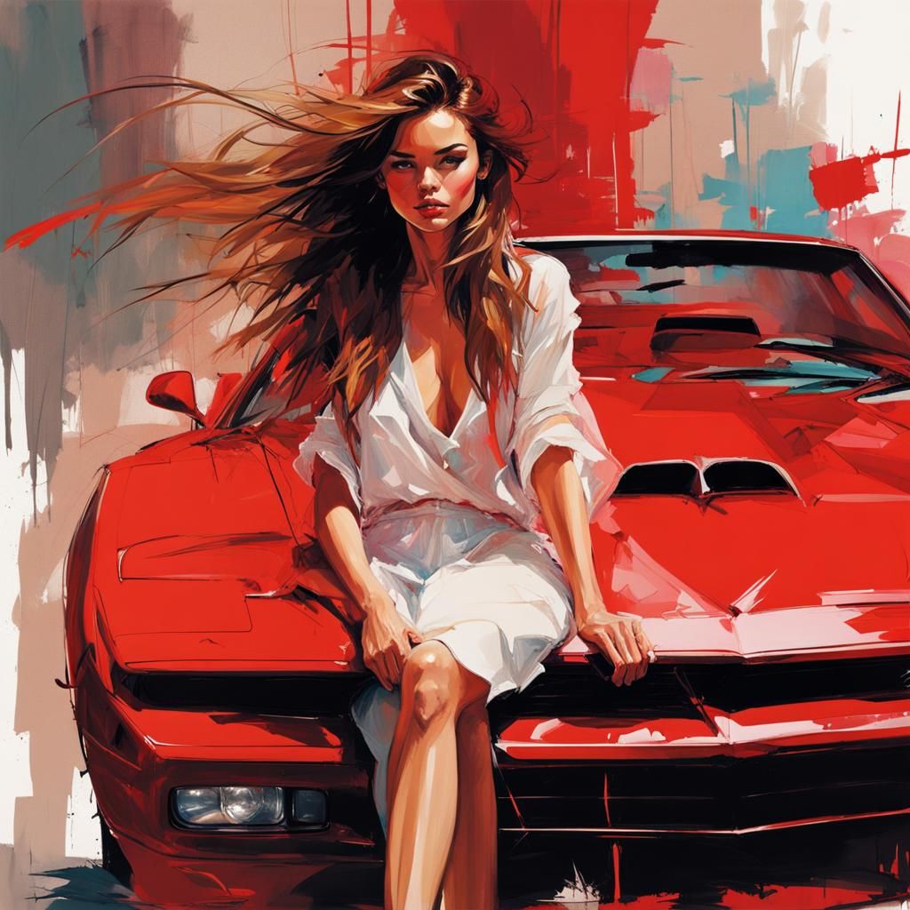 Woman on a Red Trans Am: Scribble Art Illustration