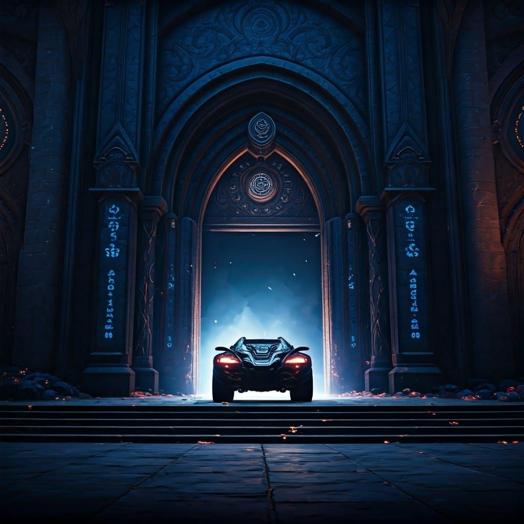 Vehicle Enters Mystical Building in Whimsical Fantasy Realm