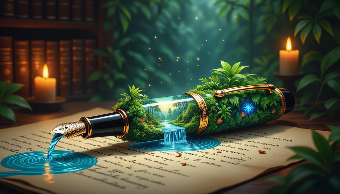 Intricate Jungle Ink Pen in Magical Library