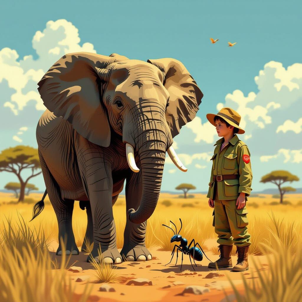 Elephant in Safari Gear Meets Tiny Ant on Savannah