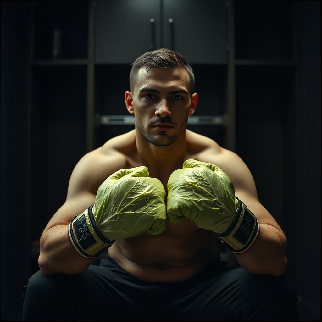 Boxer with Lettuce Gloves in Cinematic Style
