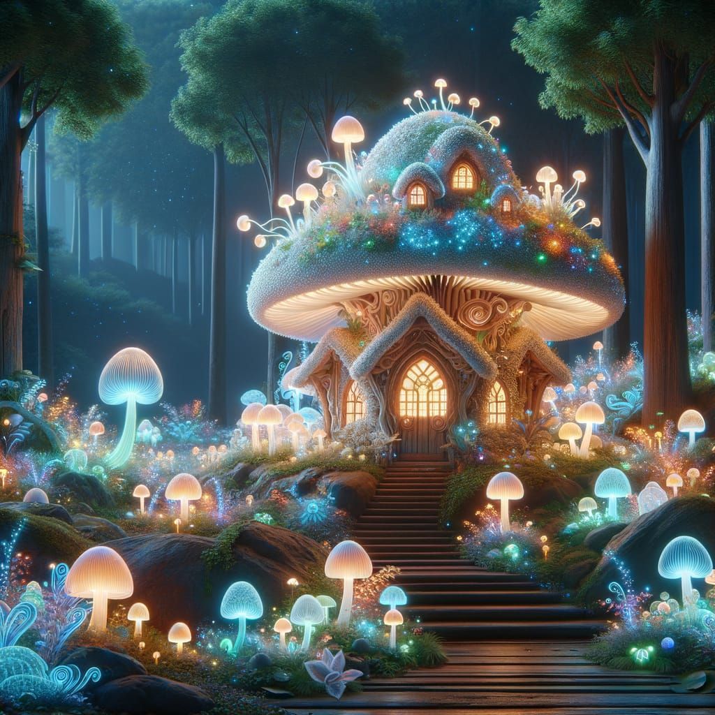 Whimsical Mushroom Mansion in Glowing Bioluminescent Forest