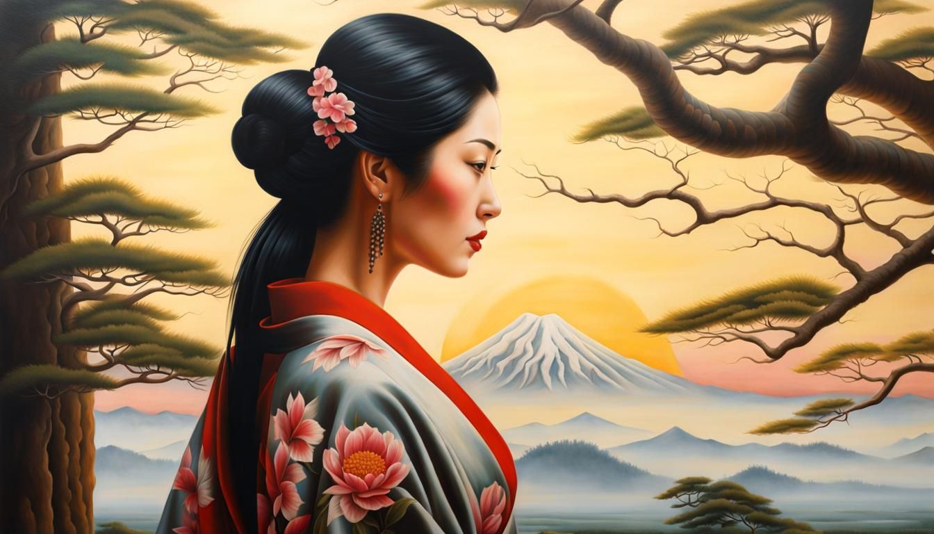 Tattooed Woman in Kimono: Photorealistic Tonalism Painting
