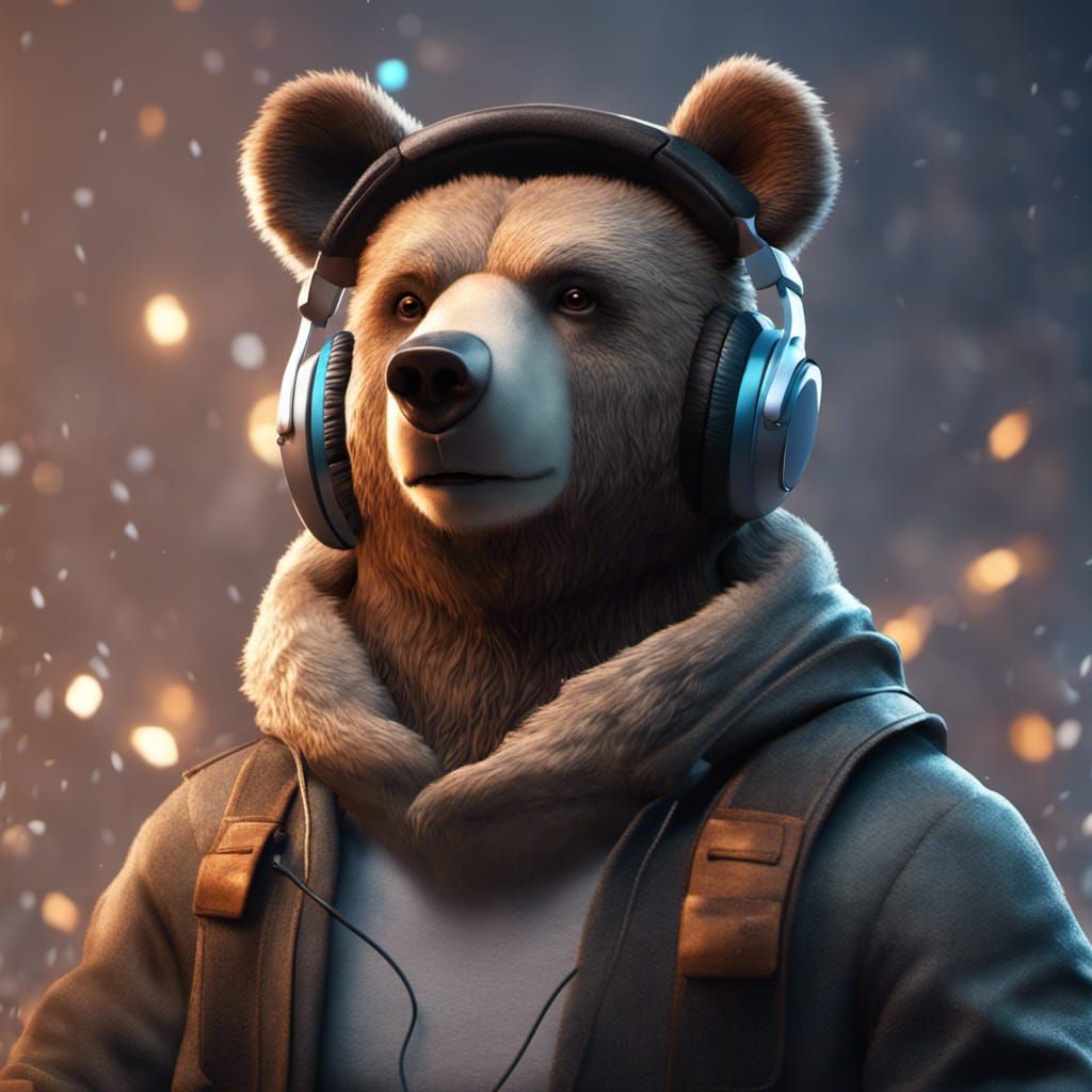 Bear with Headphones in 3D Game Cinematic Style