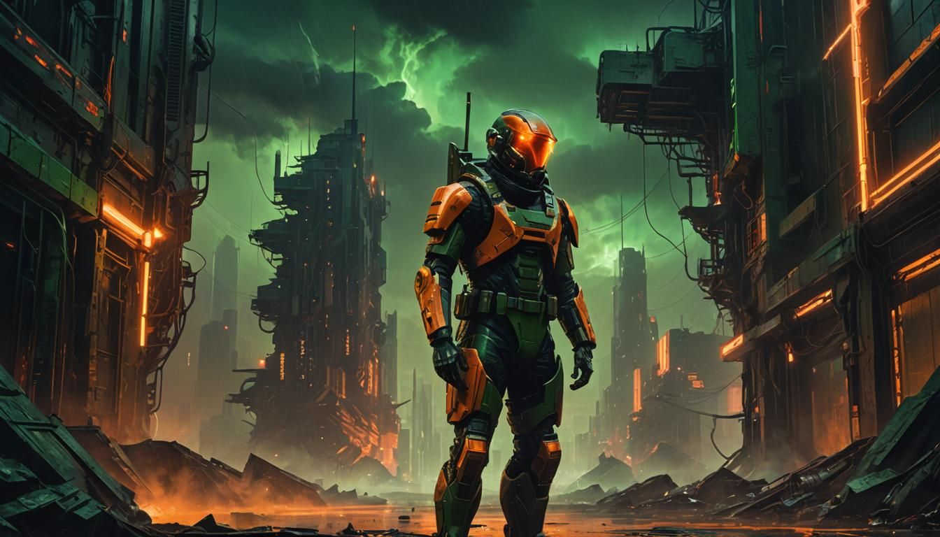 Dystopian Soldier in Dark Orange and Green Atmosphere