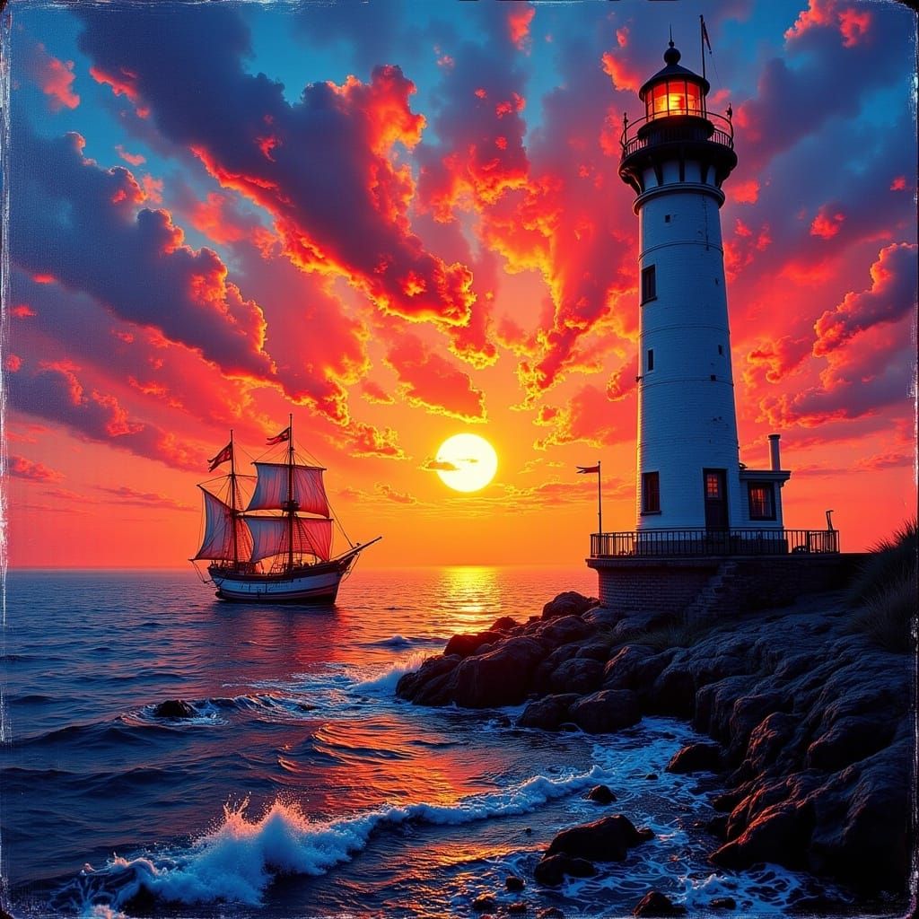 Pirate Ship at Lighthouse Sunset in Gouache Style
