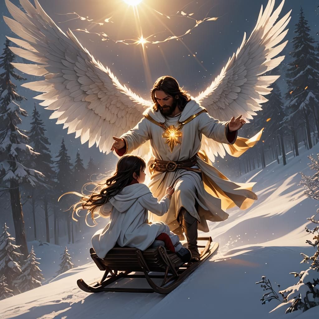 Jesus Sheltering Girl with Wings: 3D Anime Art