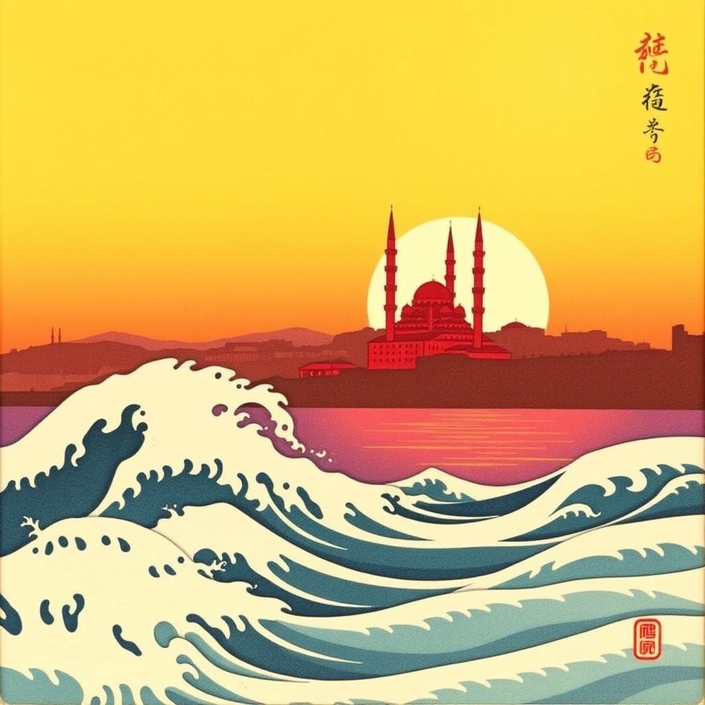 Surreal Ukiyo-e Masterpiece of Istanbul's Bosphorus at Sunri...