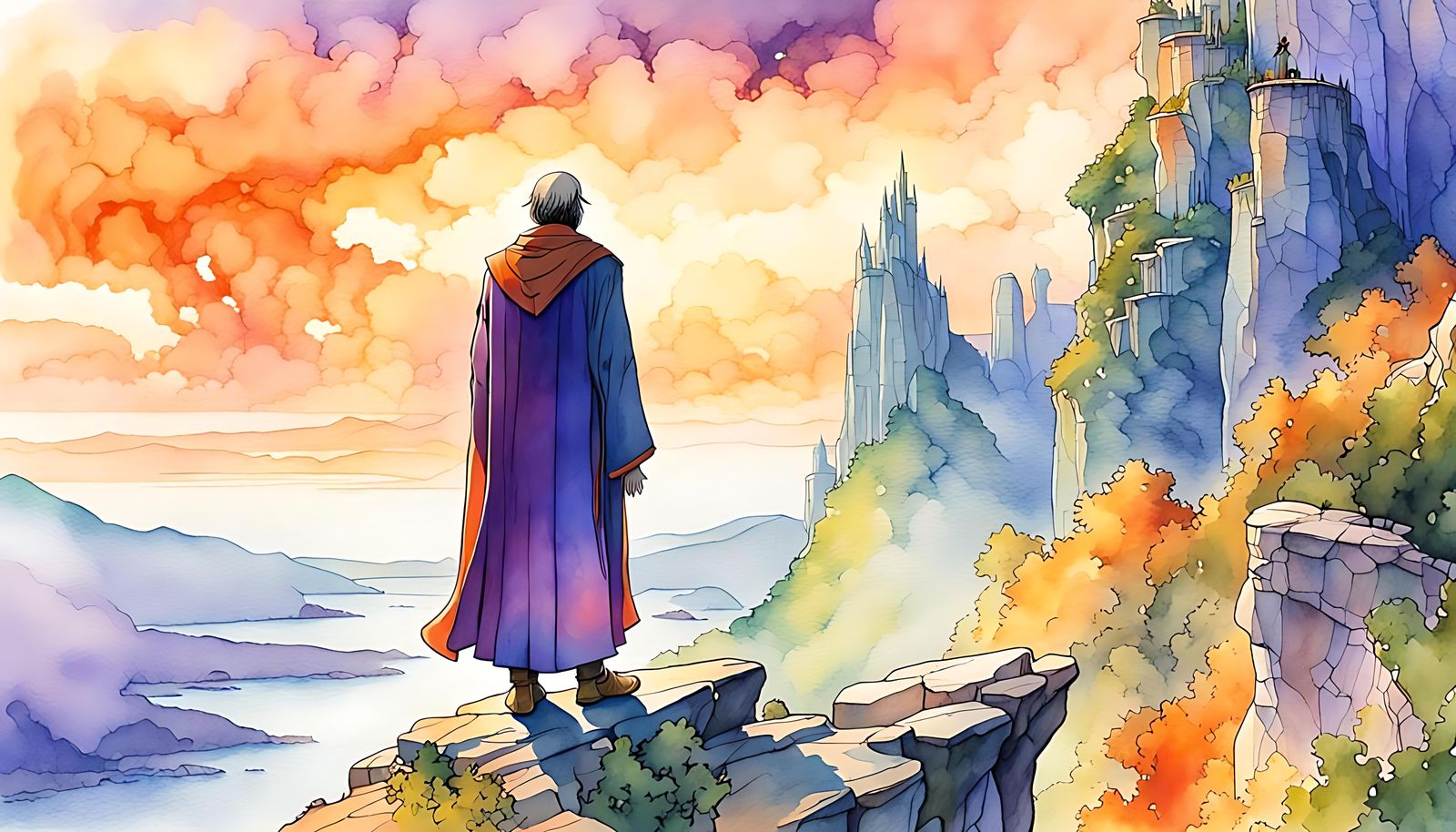 Wizard Overlooking City in Moebius Style