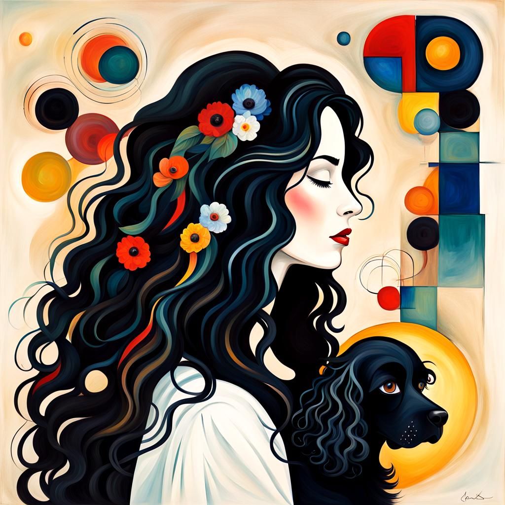 Faceless Woman with Dog in Kandinsky Style