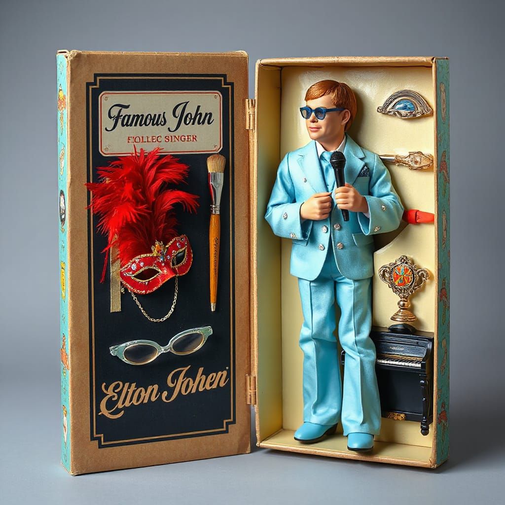 Vintage Collectible Box with Elton John Doll in 1970s Toy Pa...