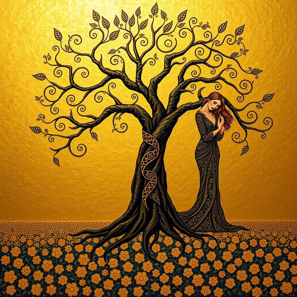 Ethereal Tree of Life with Golden Branches and Contemplative...
