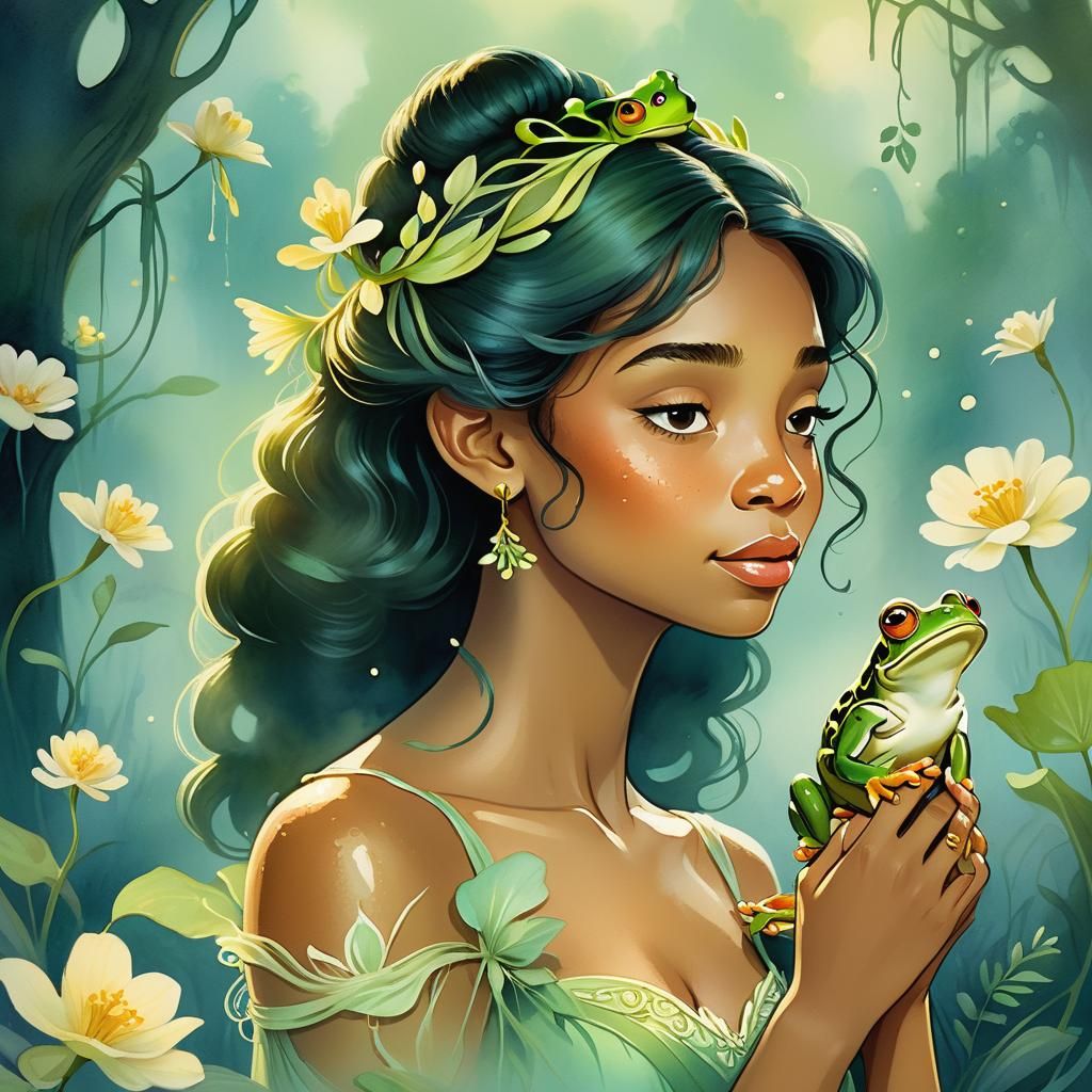 Tiana in Louisiana Bayou: A Watercolor Art Nouveau Portrait