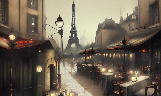 Sinister Cafe Scene with Eiffel Tower Digital Art