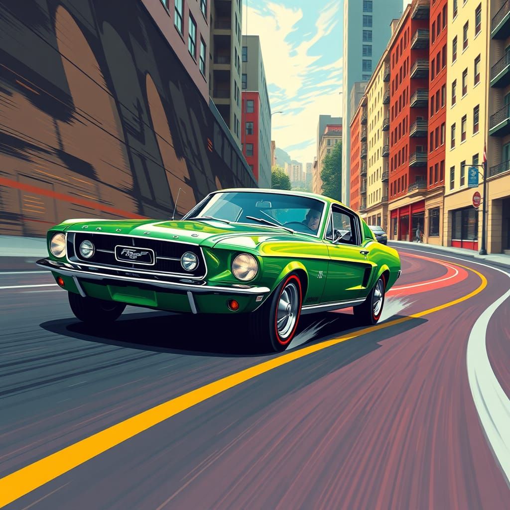 Green 1968 Mustang GT in Retro Poster Style