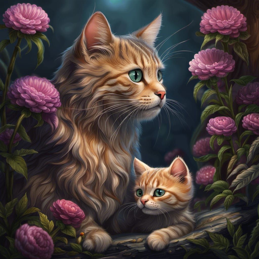Adorable Mother Cat and Kitten, Detailed Fantasy Art
