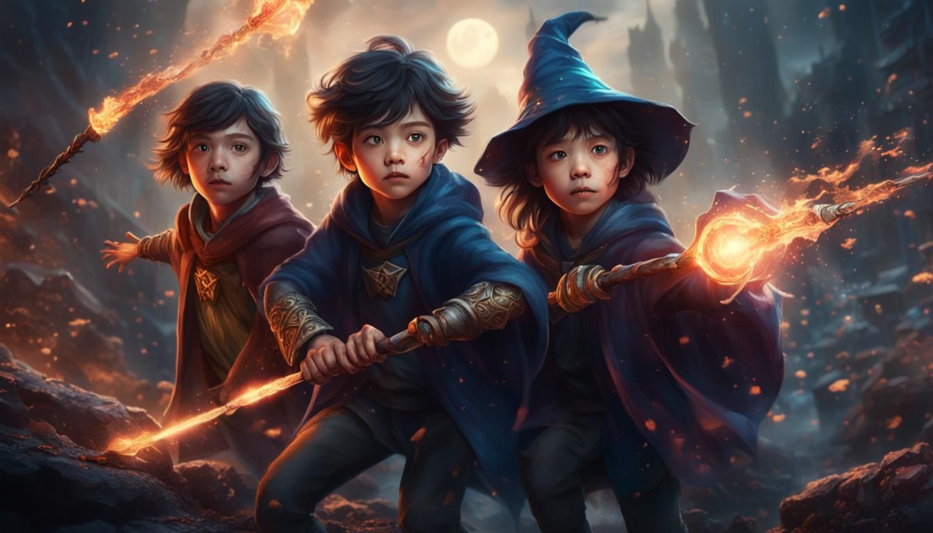 Wizard Siblings Battle Demons in Fantasy Art
