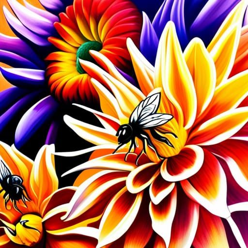 Hyperrealistic Bees in a Colorful Dahlia Garden
