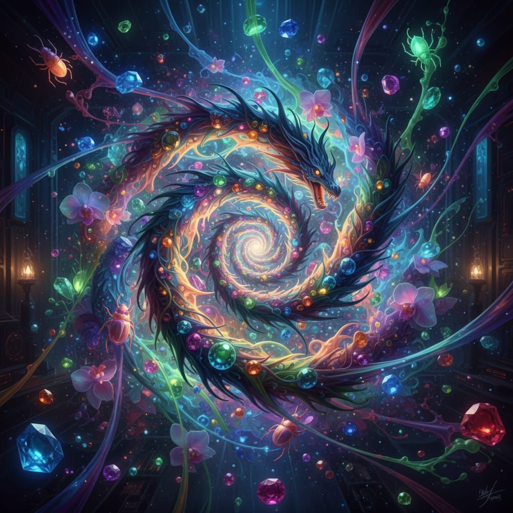 Bioluminescent Dragons and Scarabs in Psychedelic Nebula