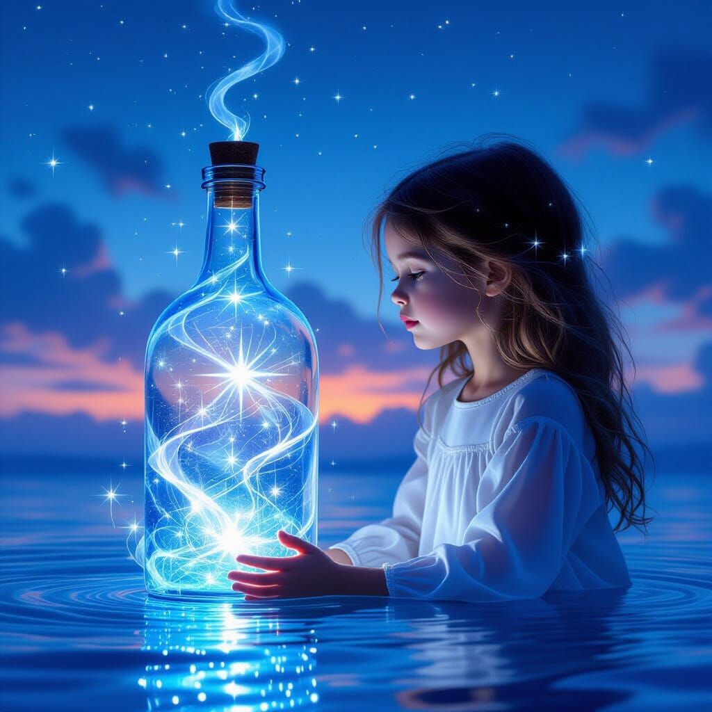 Ethereal Smoke Girl Gazes at Star-Filled Memory Bottle