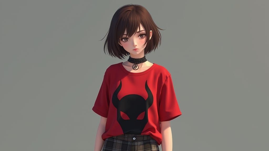 3D Anime Art of Girl in Demon Tee and Plaid Pants