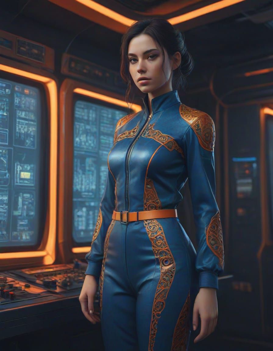 Surreal Pin-Up Girl in Futuristic Interstellar Control Room