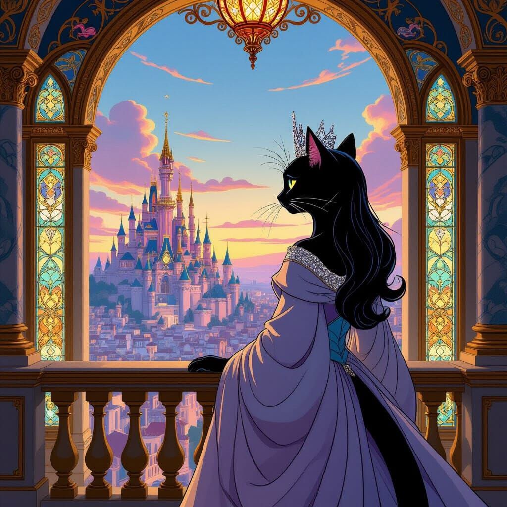 Regal Cat Princess Surveys Kingdom from Balcony in Storybook...