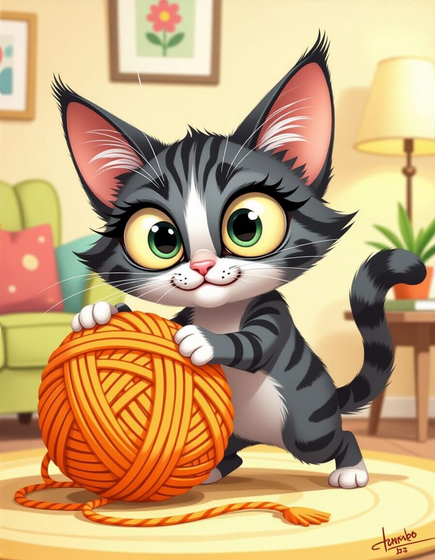 Mischievous Cat Steals Giant Yarn Ball in Cartoon Style