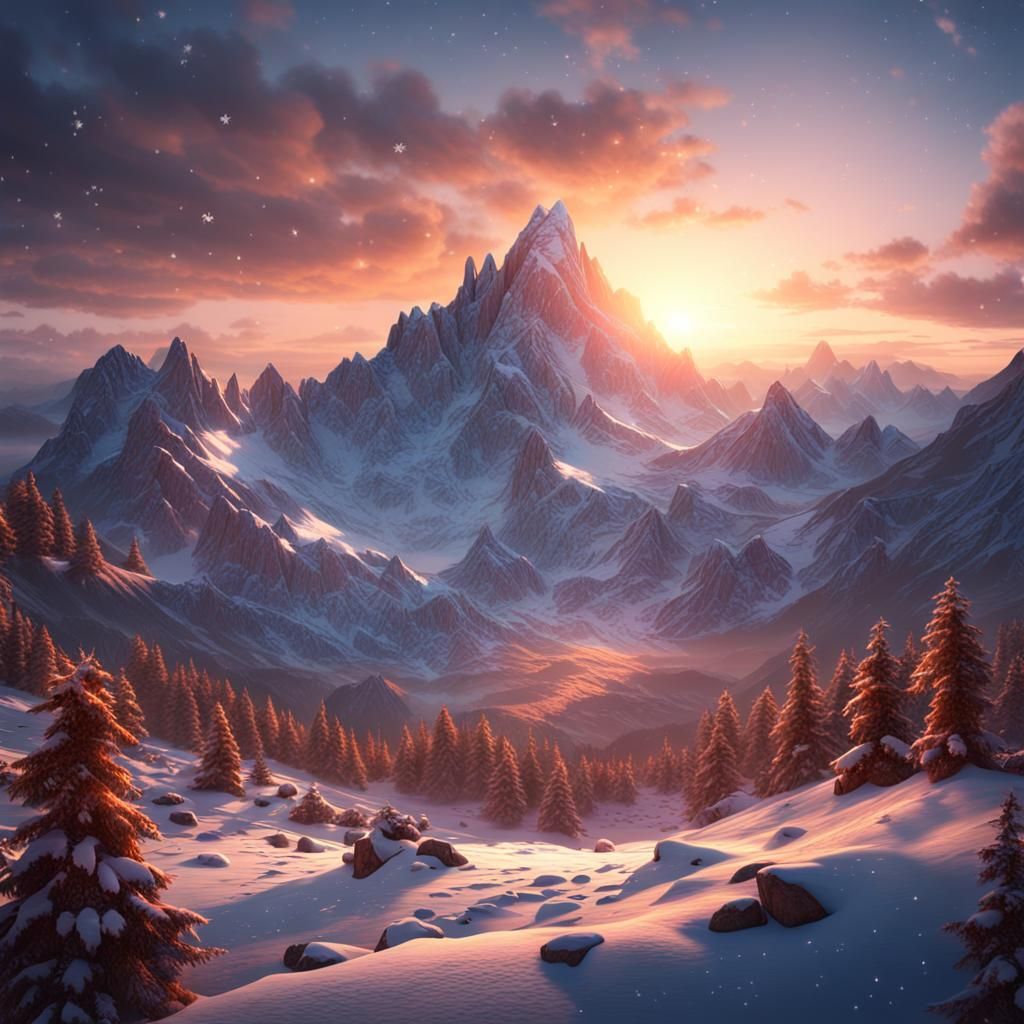 Snowy Mountain Sunset: Detailed Fantasy Landscape
