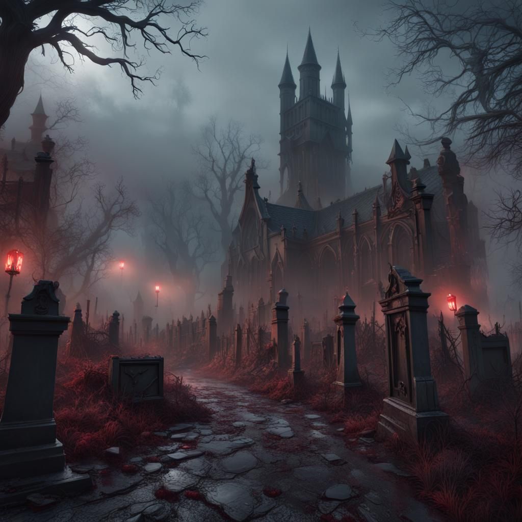 Dark Graveyard Scene with Undead in Matte Painting Style
