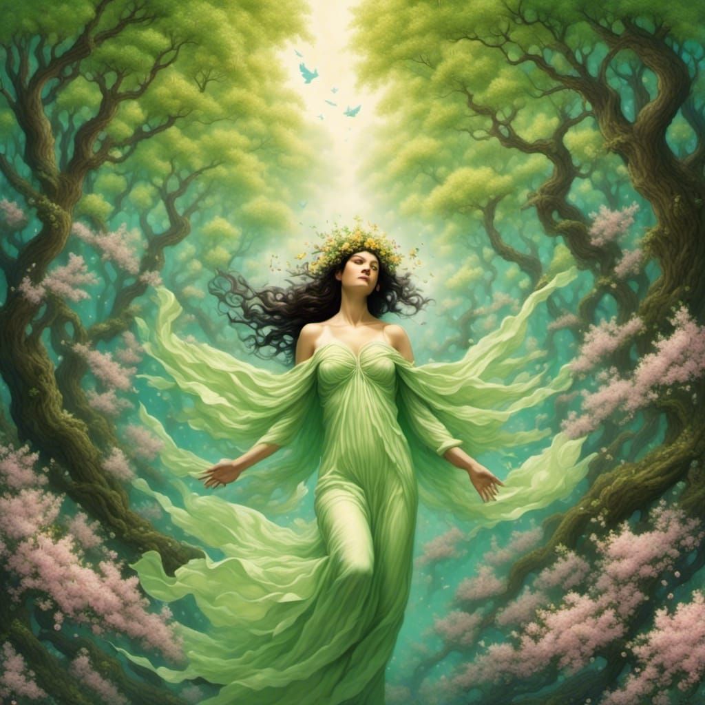 Green Angel Descends into Flowering Forest